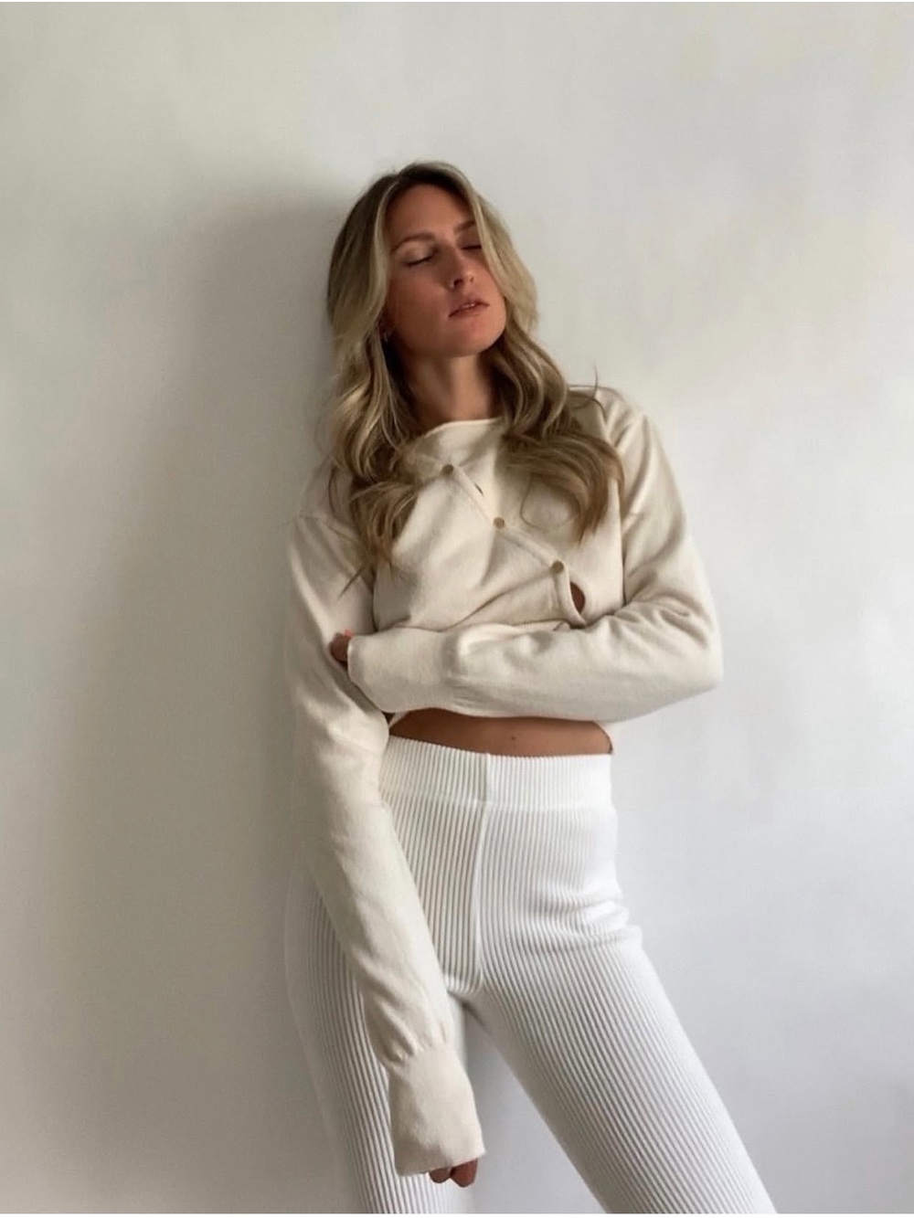 storets Cream Ribbed Wide Leg Knit Pants